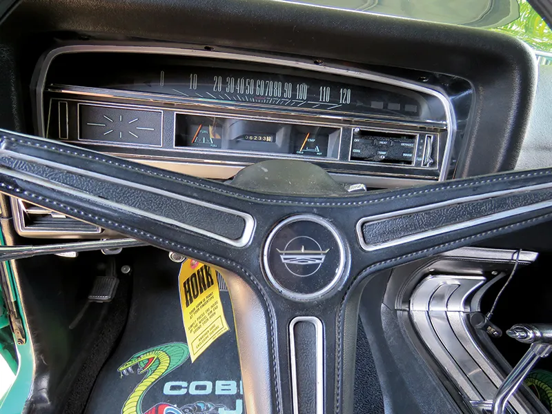 Detailed view of the dashboard and instrumentation in the 1970 Ford Torino