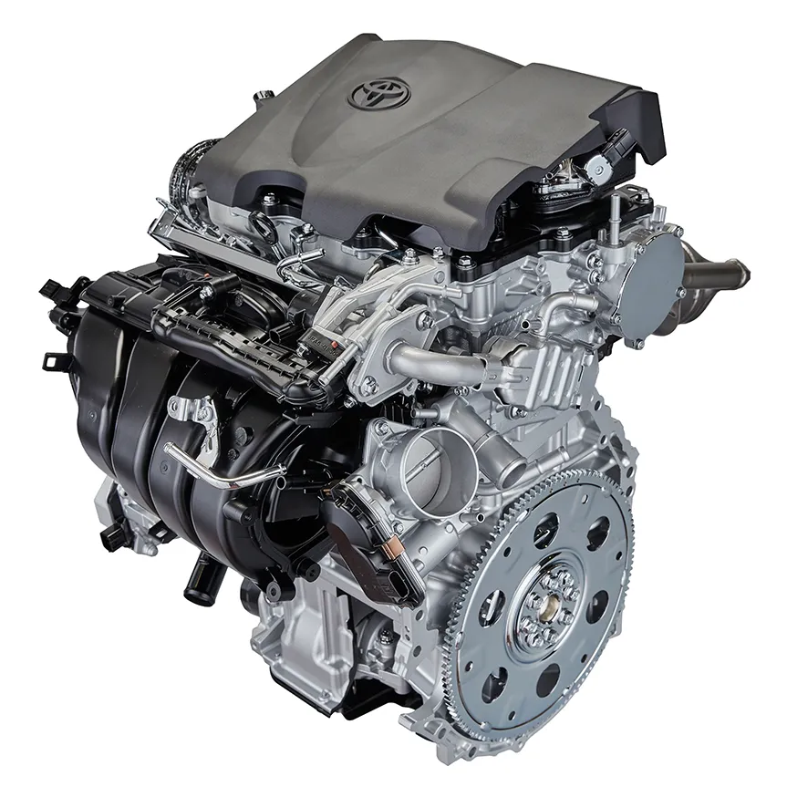 Detailed view of the Toyota 2.5-liter Dynamic Force hybrid engine showcasing its high thermal efficiency