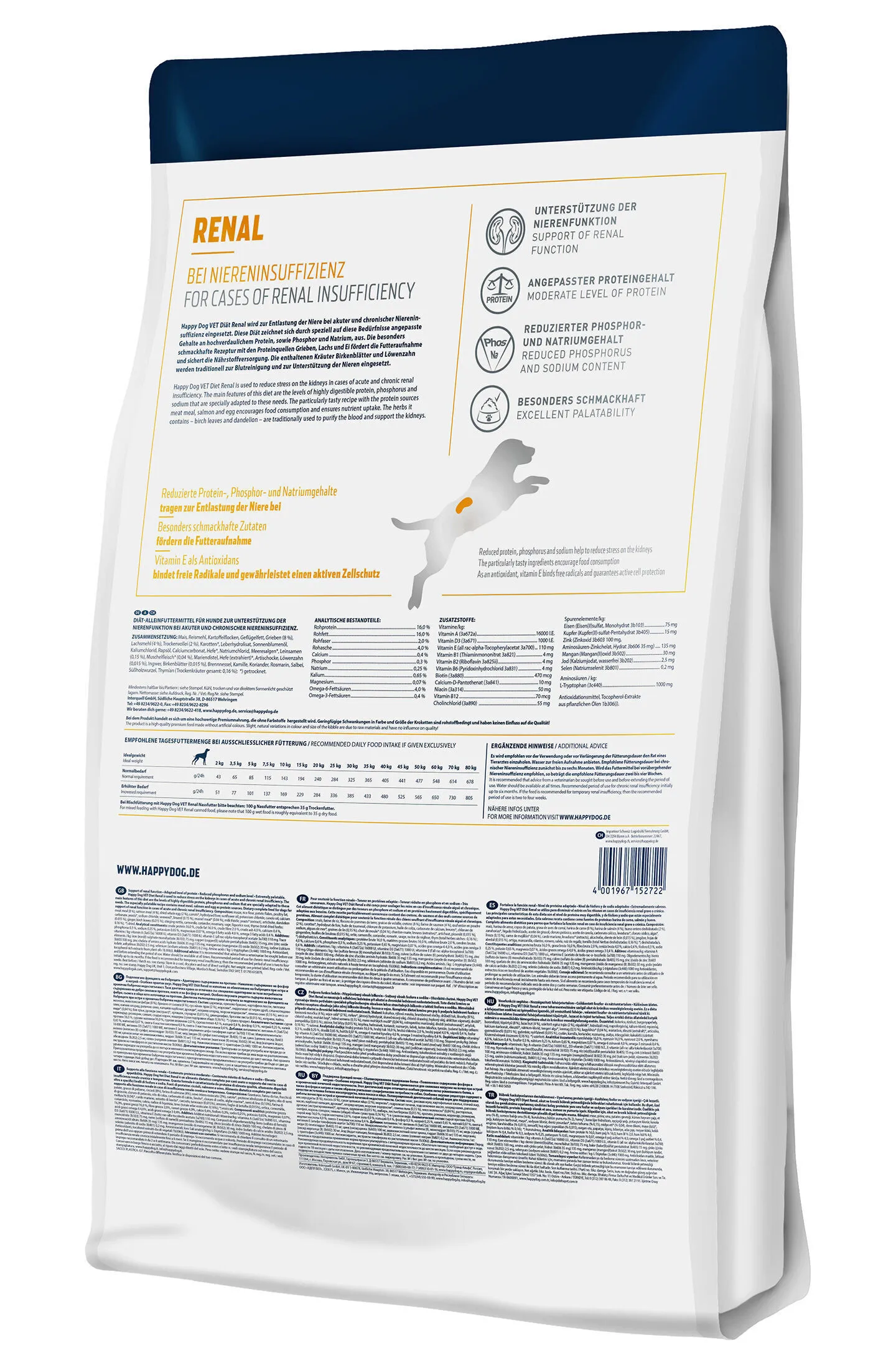 Diagram showing recommended daily feeding amounts for Happy Dog VET Diet Renal dry food based on the dog's ideal weight.