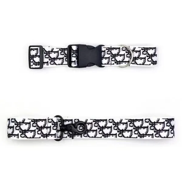 Dior-inspired dog collar displayed next to a matching accessory, highlighting global shipping