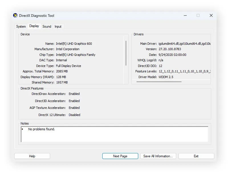 DirectX Diagnostic Tool showing graphics hardware and driver details.