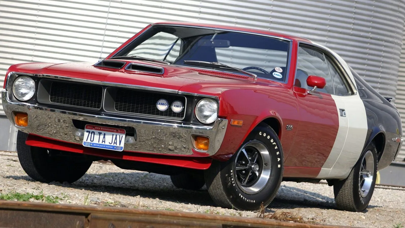 Distinctive tri-colored 1970 AMC Trans Am Special Javelin, a street-legal homage to racing success.