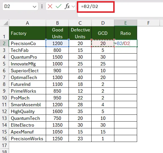 Dividing the first number by the calculated GCD to simplify the ratio in Excel