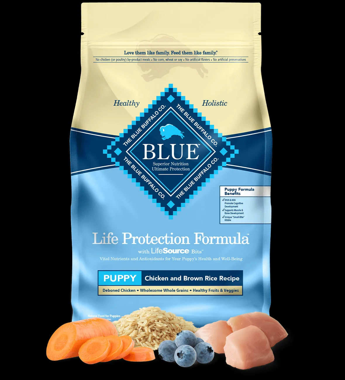 Dry bag of puppy food with chicken and brown rice