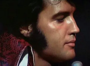 Elvis Presley in a stylish karate-style jumpsuit, showcasing his peak physical form and iconic stage presence during the 1970 'Elvis: That's The Way It Is' performances.