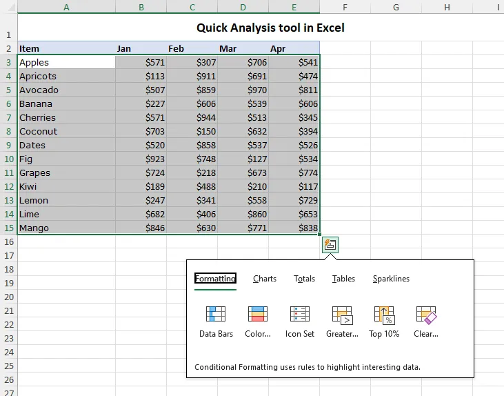 Excel Quick Analysis tool