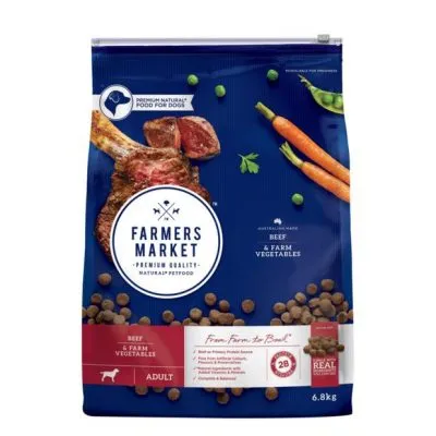 Farmers Market dry dog food featuring adult beef and vegetables