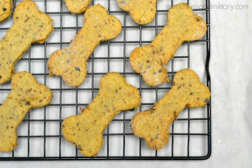 Finished golden brown bacon and cheddar dog treats cooling on a rack
