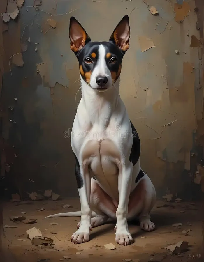 Focused Rat Terrier sitting patiently on a rustic wooden floor