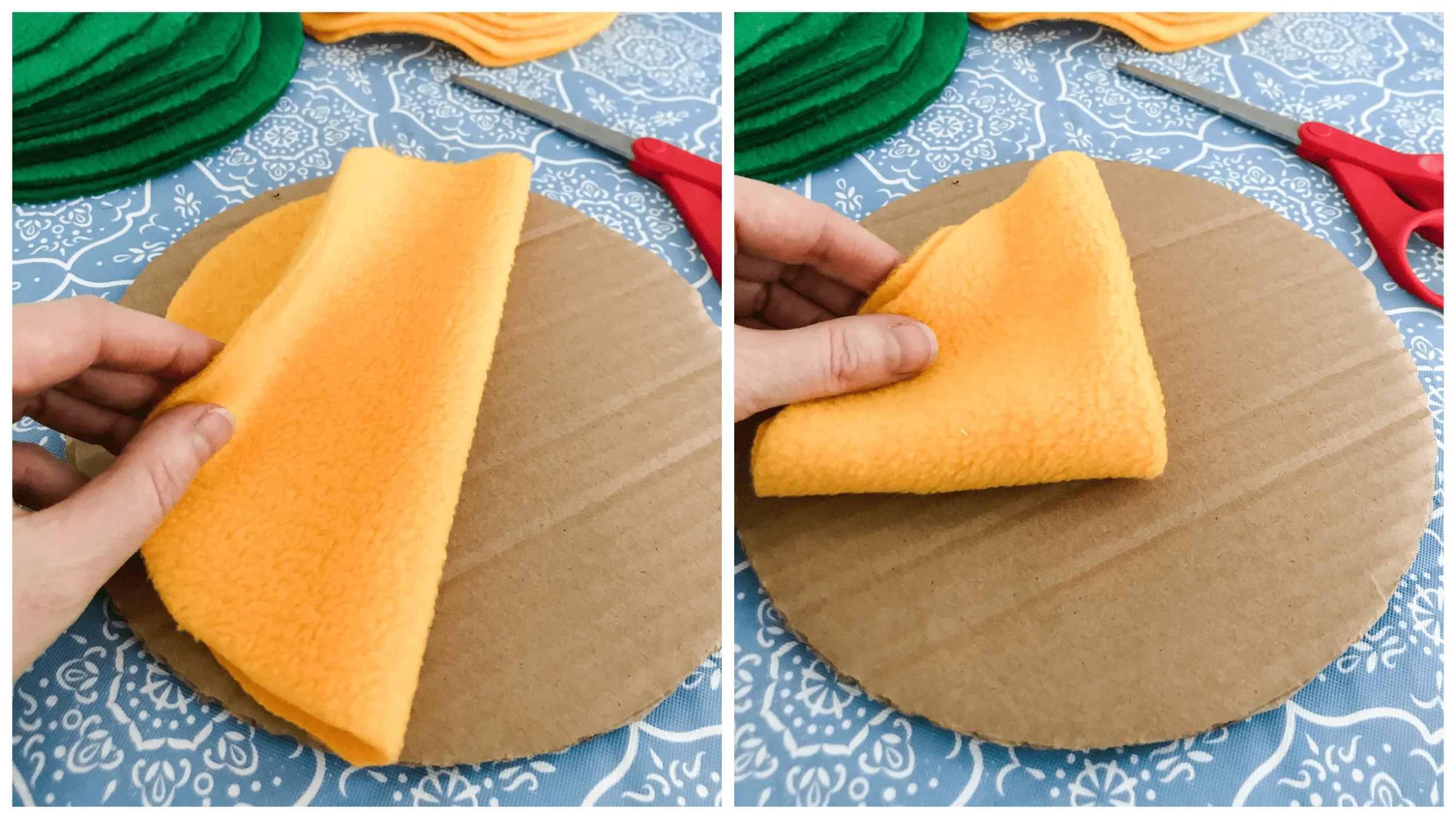 Folding fleece circles into cone shapes for the snuffle ball