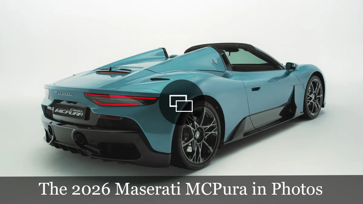 Front three-quarter view of the new Maserati MCPura supercar, highlighting its updated grille and sleek headlights.