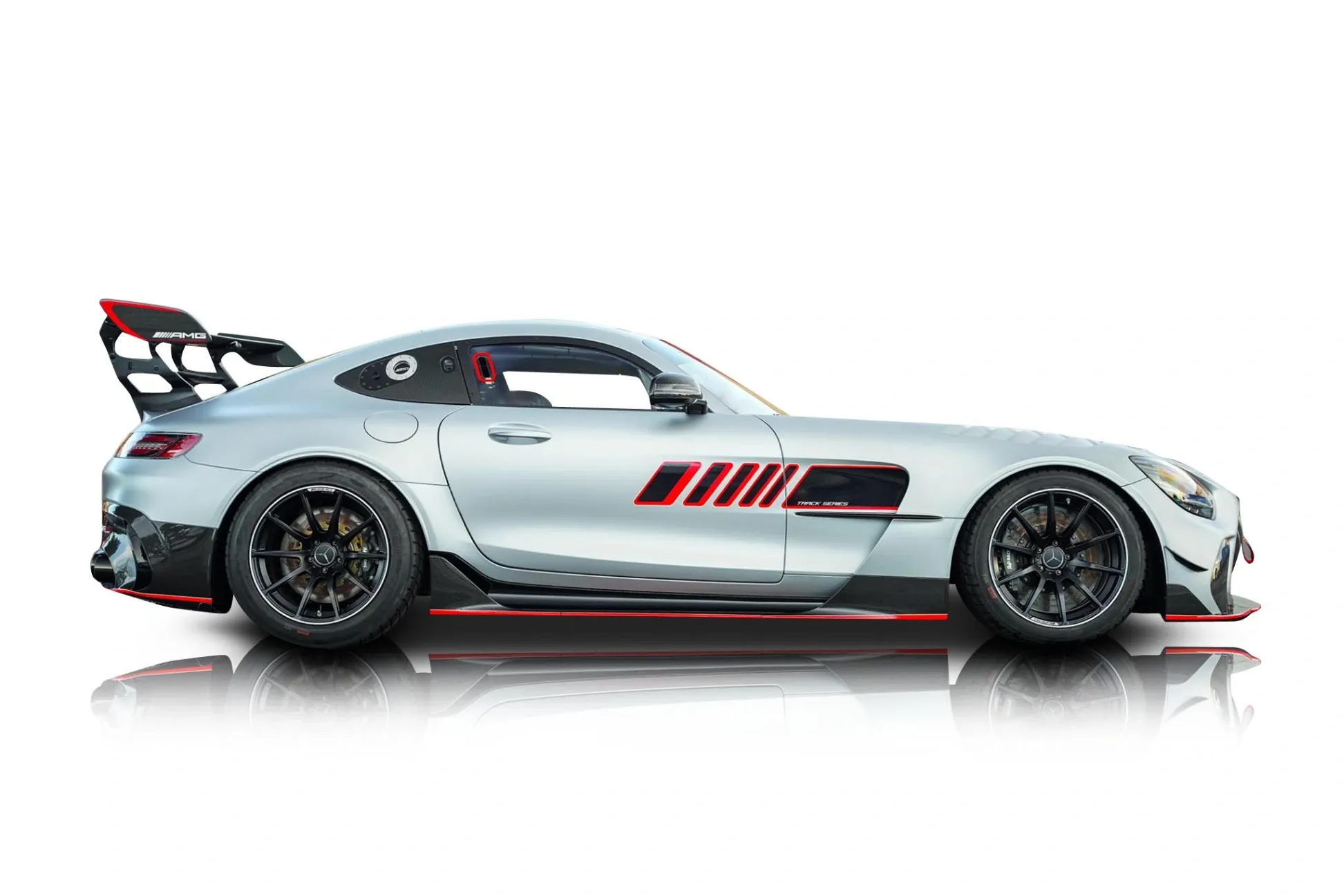 Front view of a silver 2023 Mercedes-Benz AMG GT Track Series on a racetrack