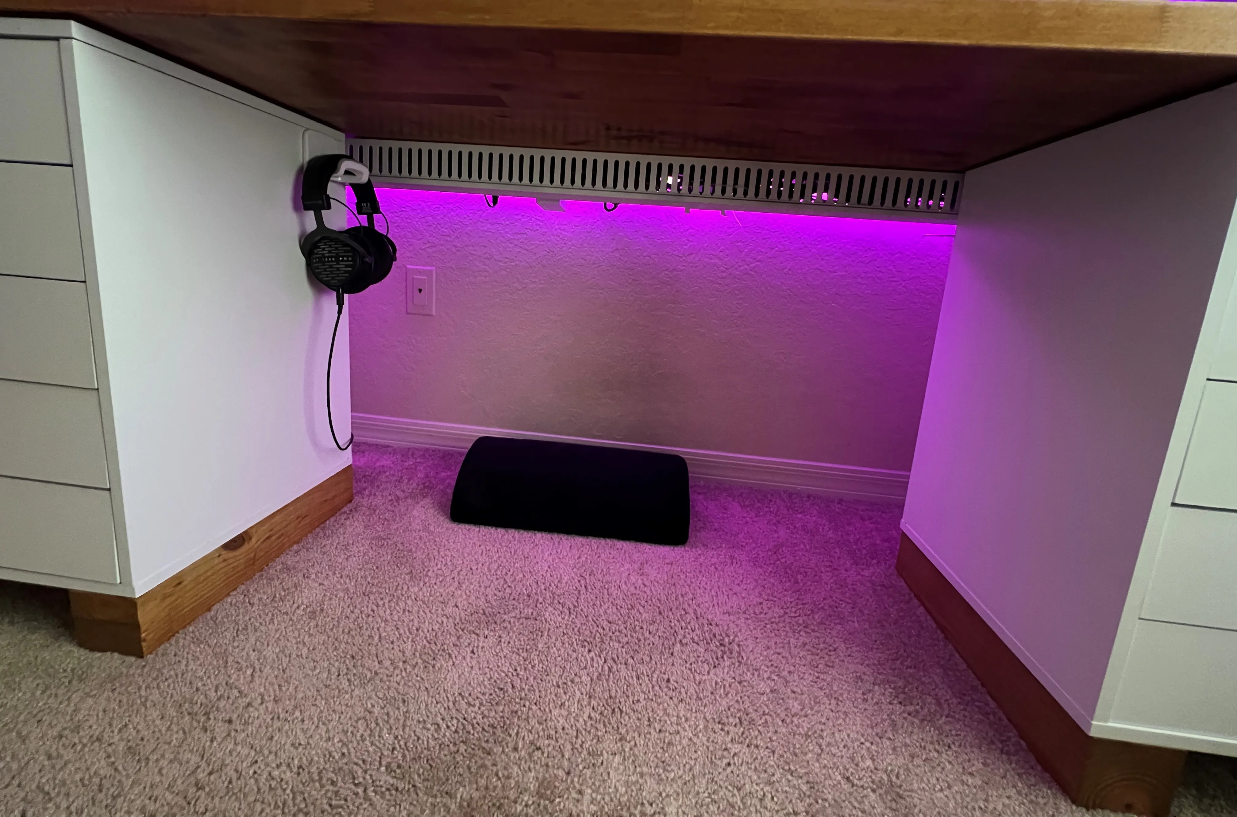 Front view of the couples gaming desk with upgraded raceway
