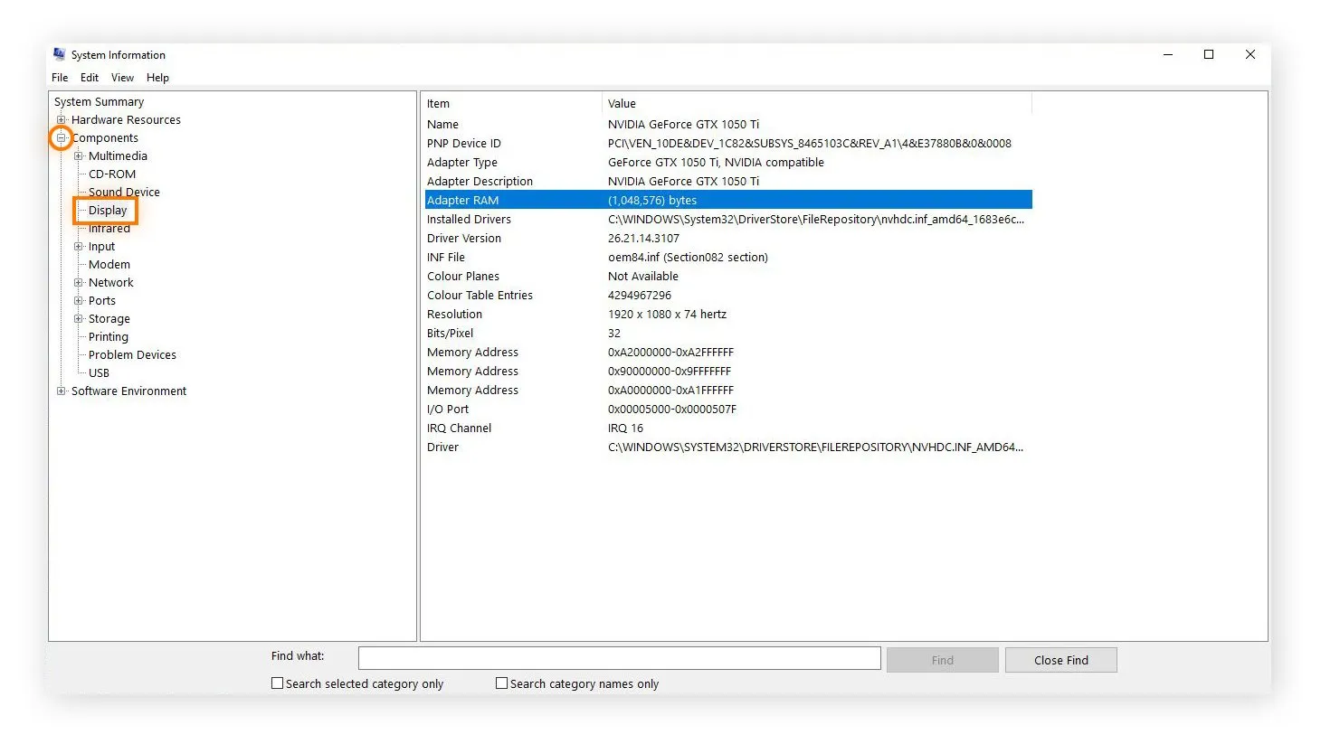 Full details of my graphics card listed within the Display summary of Windows System Information.