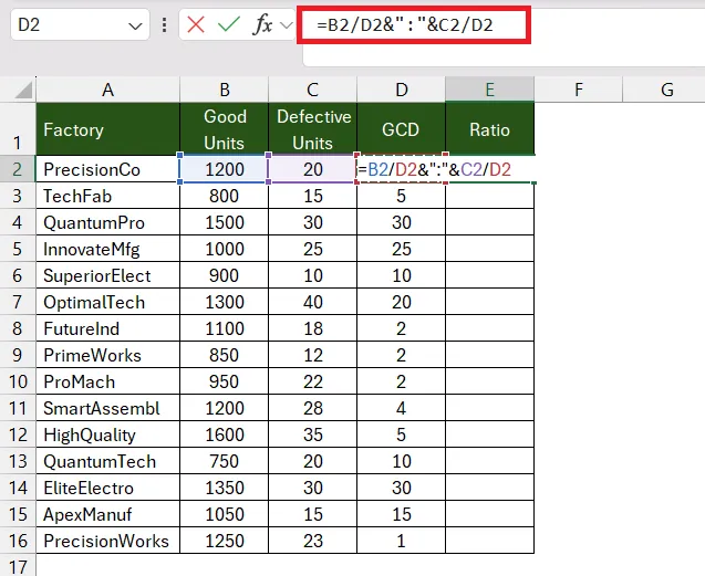 Full formula for calculating and displaying simplified ratios using GCD in Excel