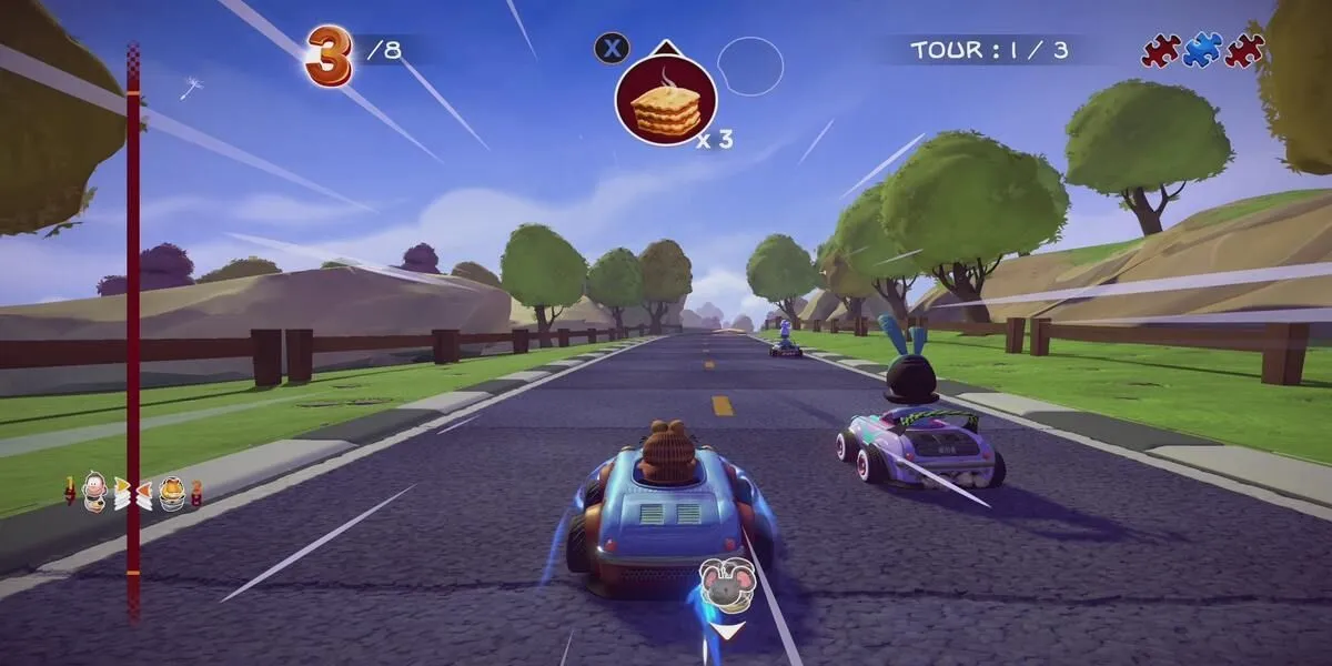 Garfield driving a kart with angry expression