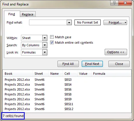 Get the number of blanks on the Find and Replace window