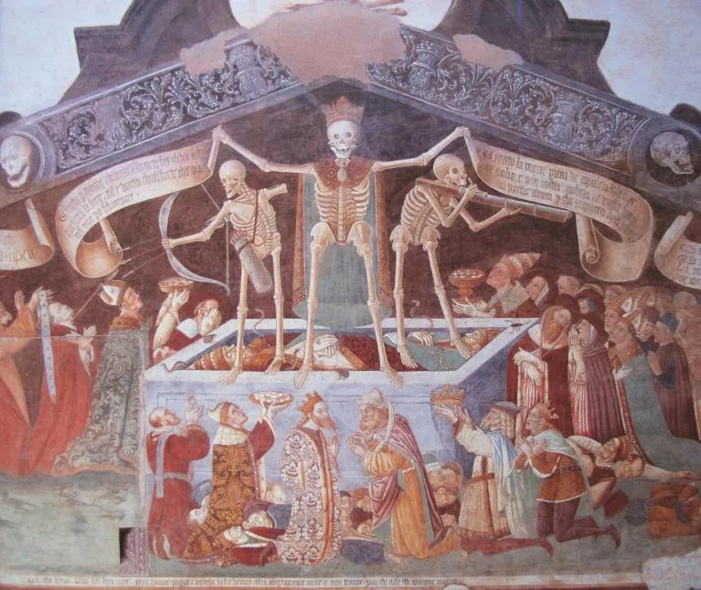 Giacomo De Buschis' Danza Macabre depicts skeletons spreading disease and death.