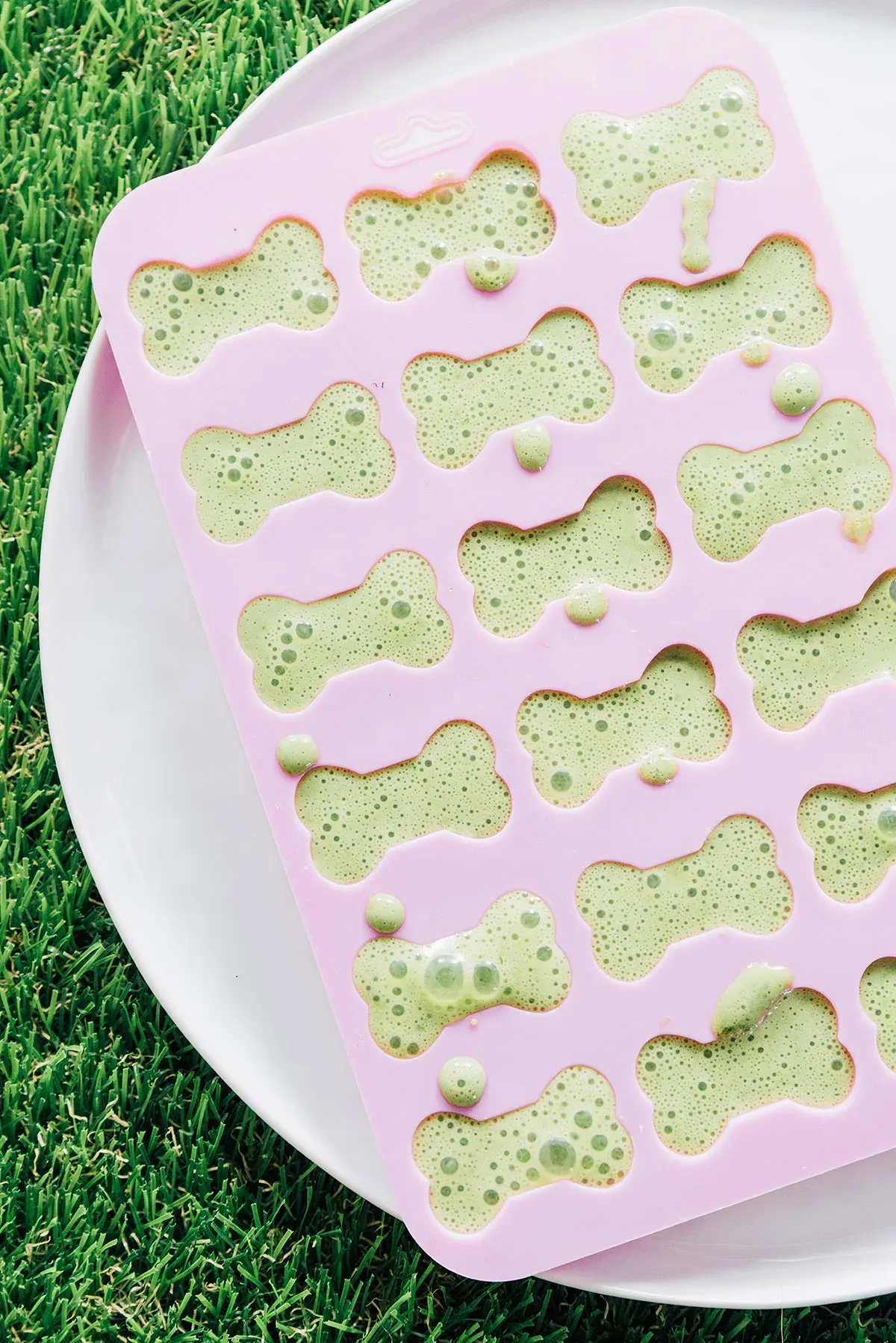 Green liquid in bone-shaped dog molds.