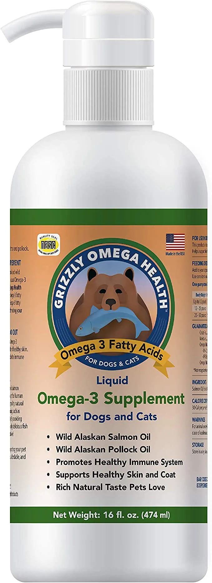 Grizzly Omega Health for Dogs bottle, showcasing a blend of salmon and pollock oil