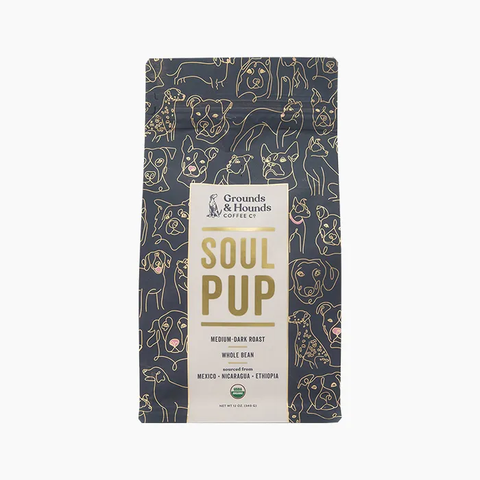 Grounds &amp; Hounds Coffee Co. "Soul Pup" medium roast coffee bag, a thoughtful gift for dog-loving dads that supports pet rescue