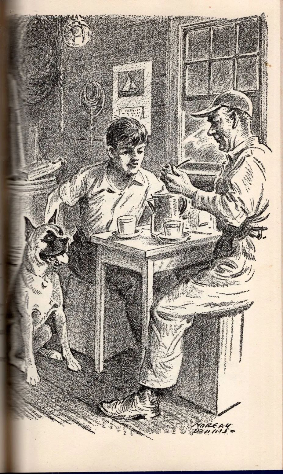 Hal and Beau, the boxer dog, running joyfully through the woods, illustrating their strong bond and freedom in The Dog Next Door by Keith Robertson.