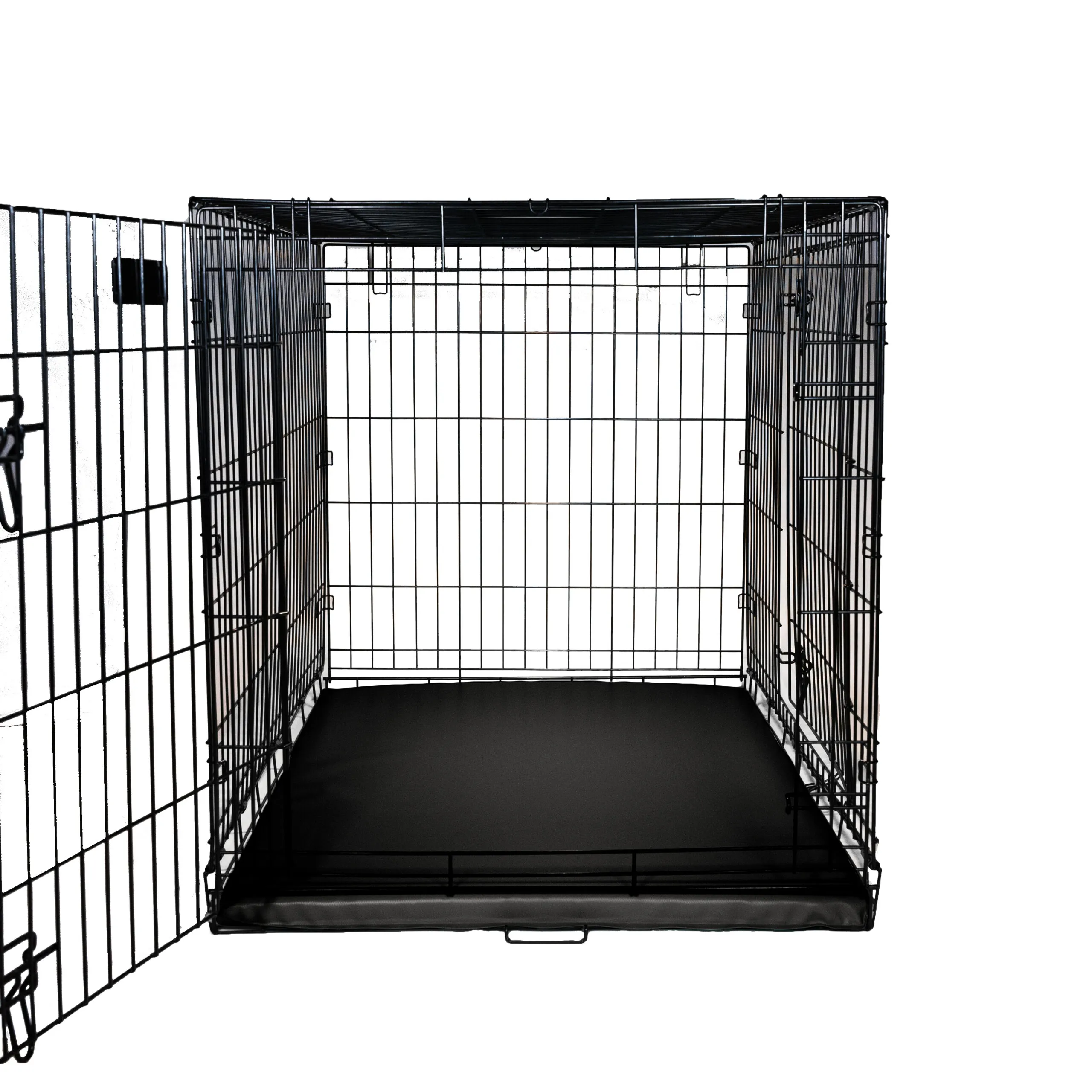 Happy Labrador Retriever resting comfortably on a chew-resistant black crate pad