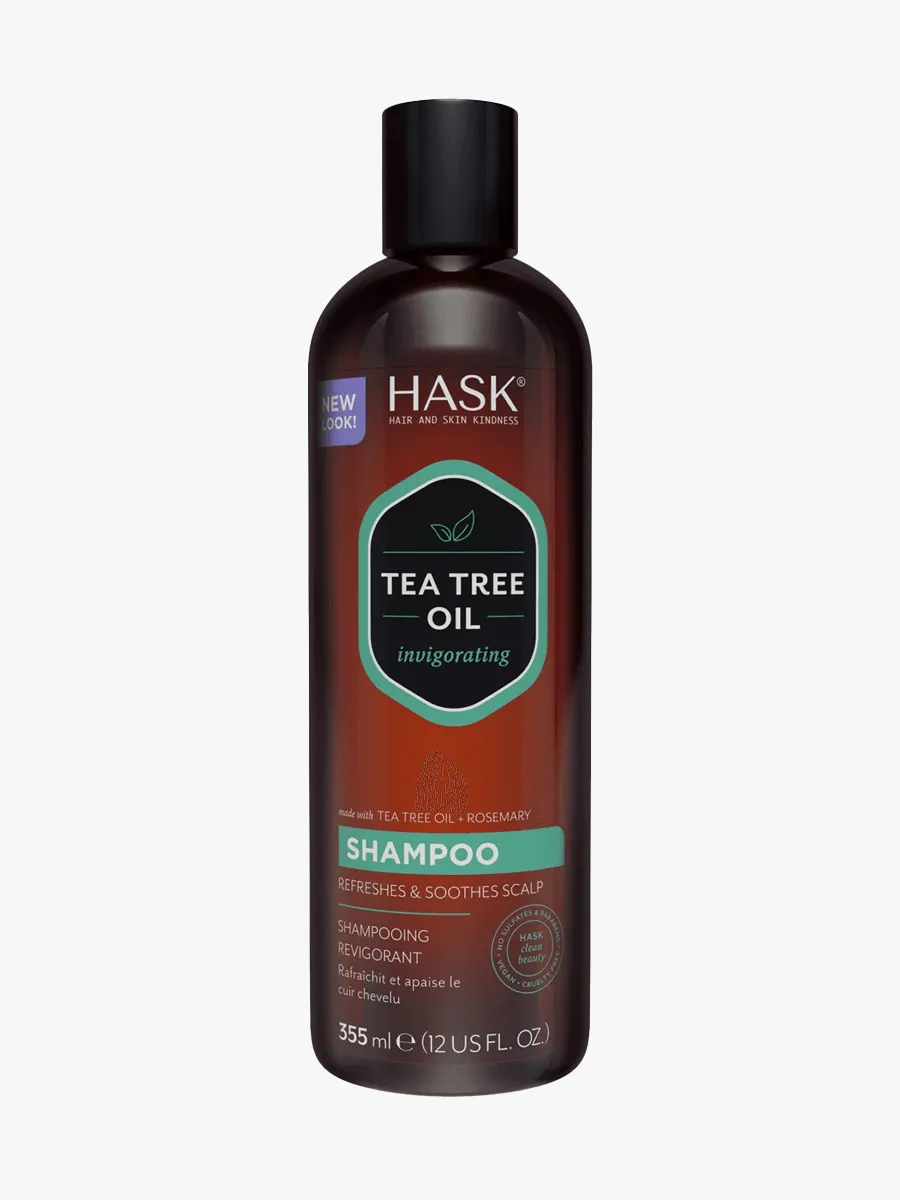 Hask Tea Tree Oil &amp; Rosemary Invigorating Shampoo in branded bottle component on a light gray background