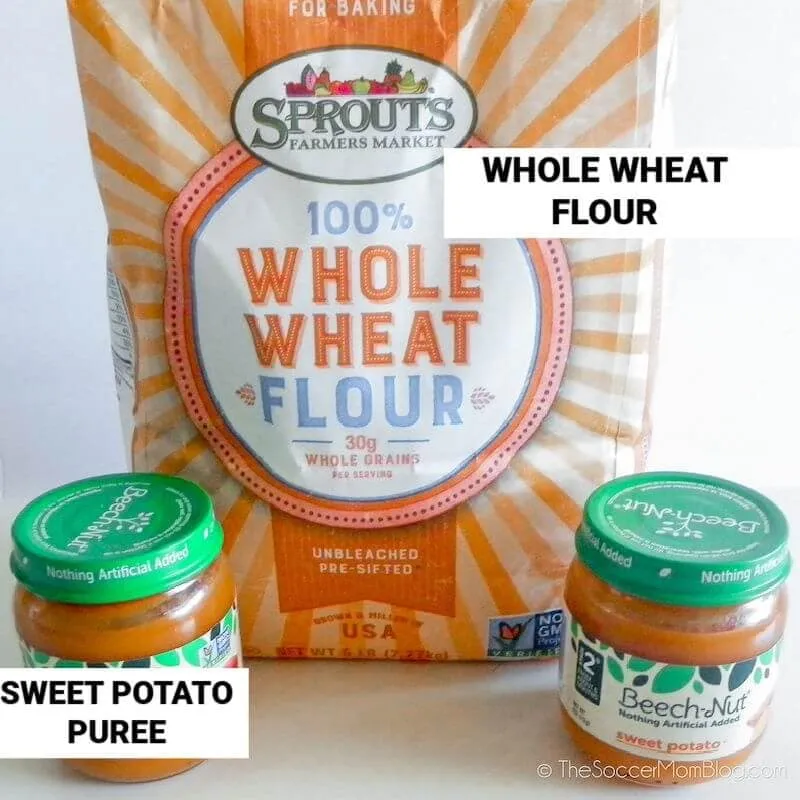 homemade dog treat ingredients: whole wheat flour and sweet potato puree.