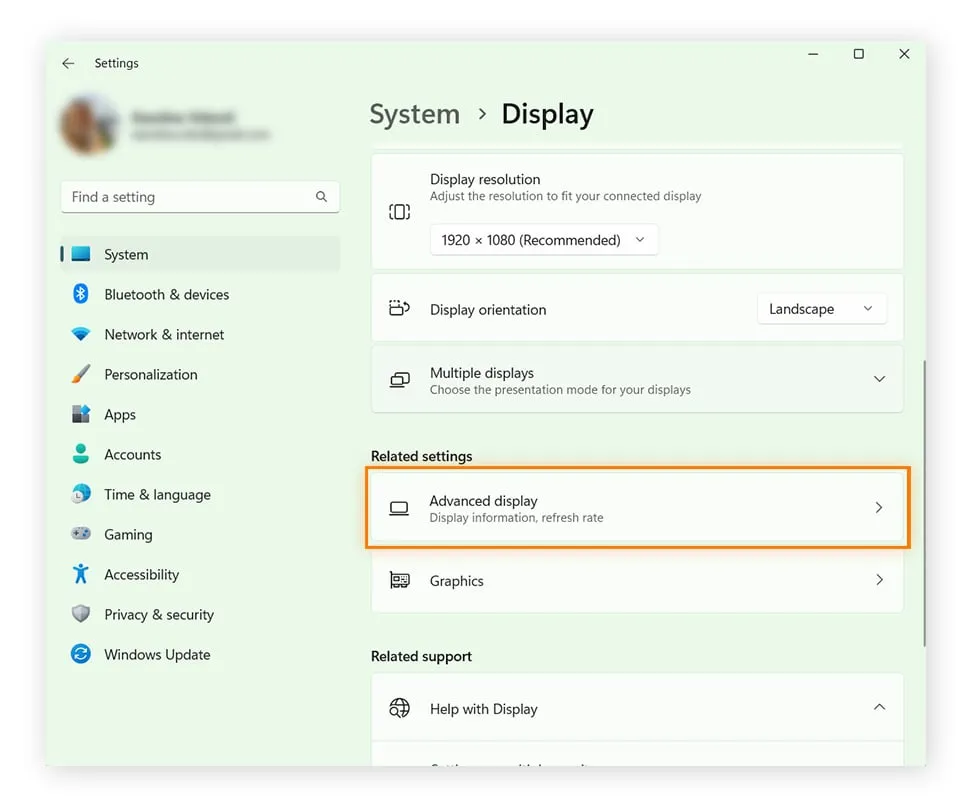 How to check graphics card info via the Advanced display function in Windows Settings.