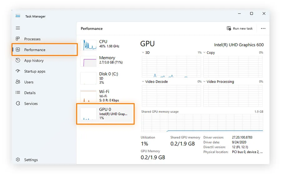 How to find out what graphics card I have using Windows Task Manager.