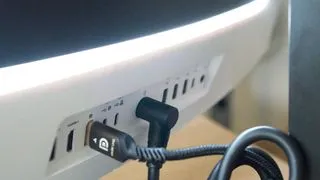 HP Omen Transcend 32 OLED monitor showcasing its multiple display inputs on the rear, suitable for diverse connections