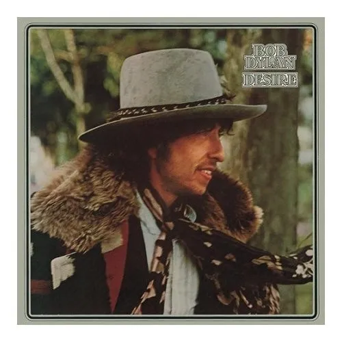 Iconic album art for Bob Dylan's 1976 album Desire, featuring a close-up of Dylan's face.