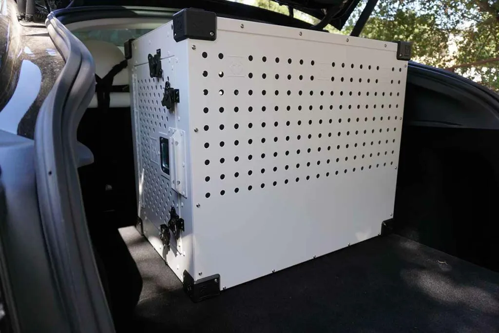Impact High Anxiety Dog Crate in Tesla Model Y trunk