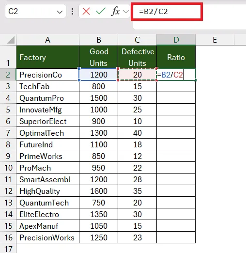 Initial division of two numbers to prepare for custom ratio formatting in Excel