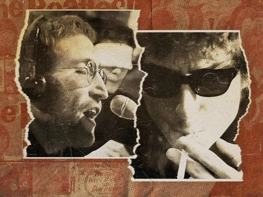 John Lennon and Bob Dylan in a studio setting