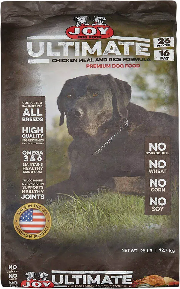 Joy dry dog food bag for ultimate chicken and rice formula.