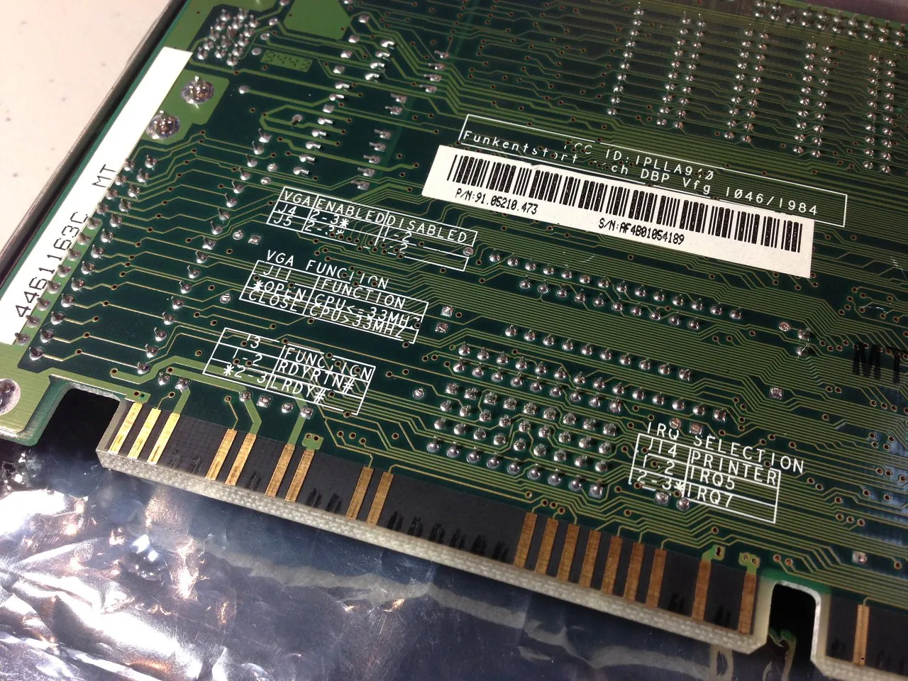 Jumper configuration options clearly labeled on the back of the VLB 486 graphics and I/O card