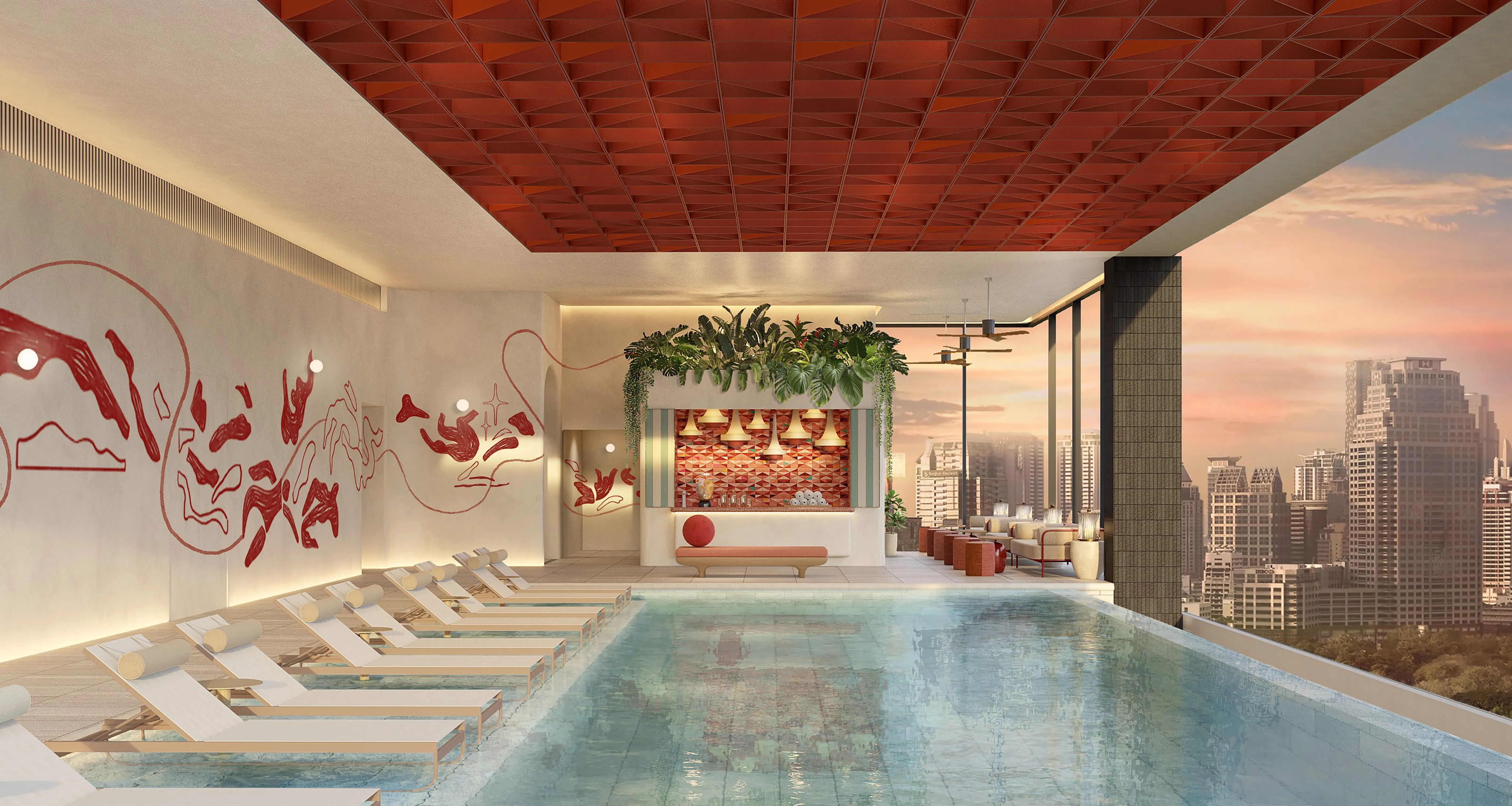 KROMO Bangkok, Curio Collection by Hilton pool rendering overlooking the city skyline with red accents and roof