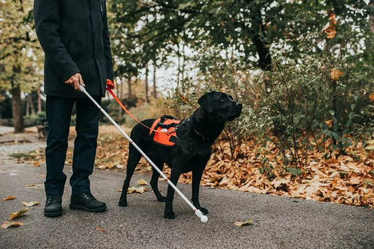 Labrador Retriever service dog guiding a blind man in a park in the fall.