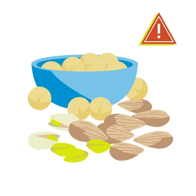 Macadamia nuts, almonds, and pistachios, representing harmful nuts for dogs