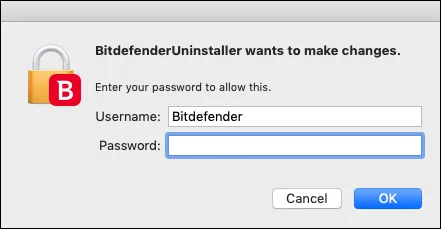 macOS system dialog prompting for administrator credentials (username and password) to authorize the Bitdefender Antivirus for Mac uninstallation.