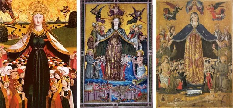 Maestro da Salisburgo's Madonna della Misericordia depicts God aiming arrows at humanity, while Mary offers protection.
