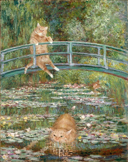 Majestic dog observing a vibrant water lily pond, reminiscent of impressionist art