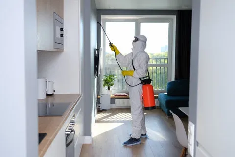Man in protective suit treating with disinfectant