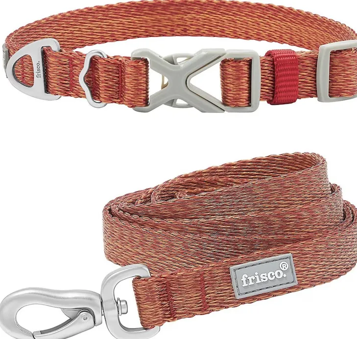 Matching heathered nylon dog collar and leash set for emergencies