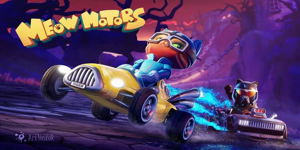 Meow Motors title screen showing cartoon cat racers