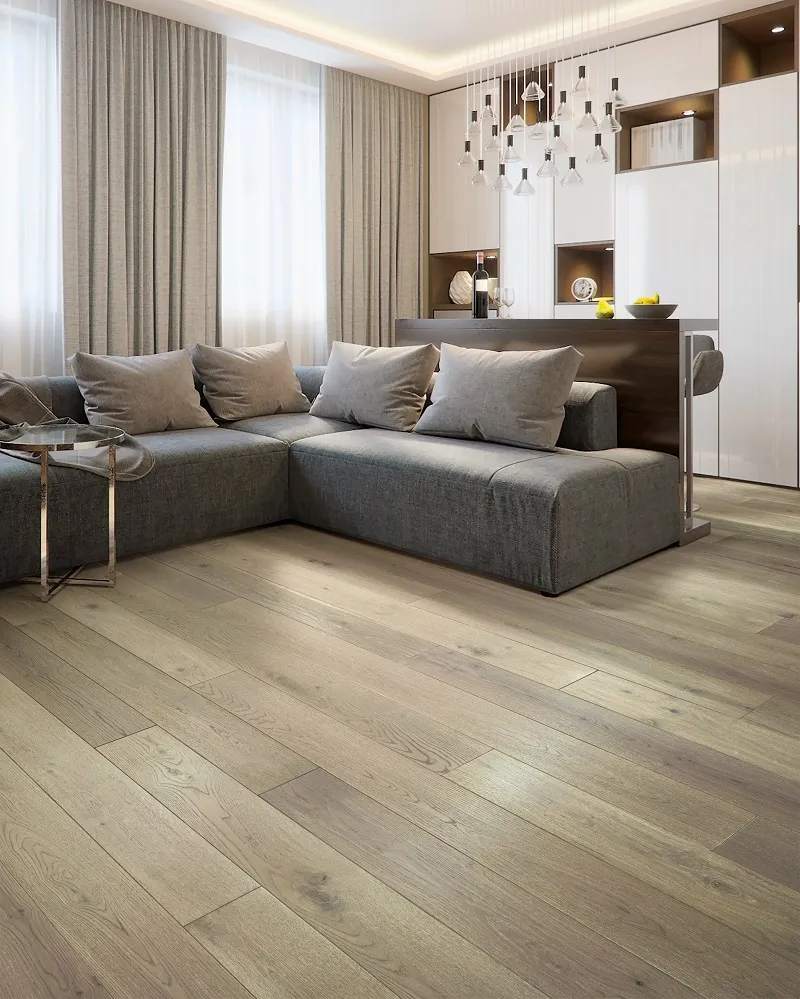 Modern living room with hardwood floors and sheepskin rug