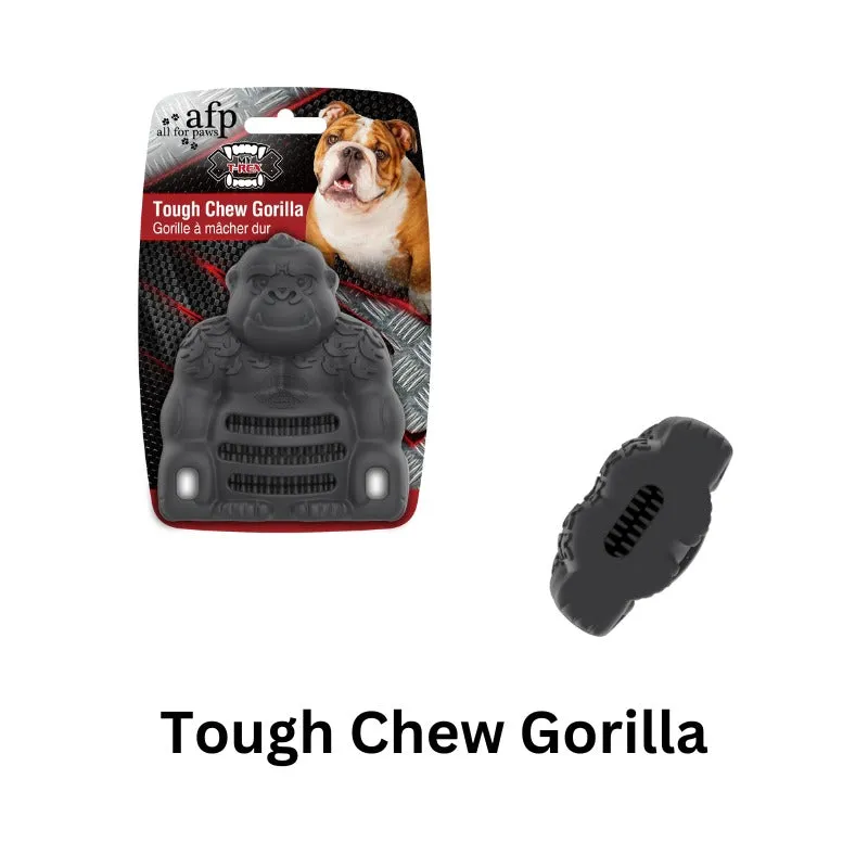 My T-Rex Tough Chew Gorilla, a durable rubber toy