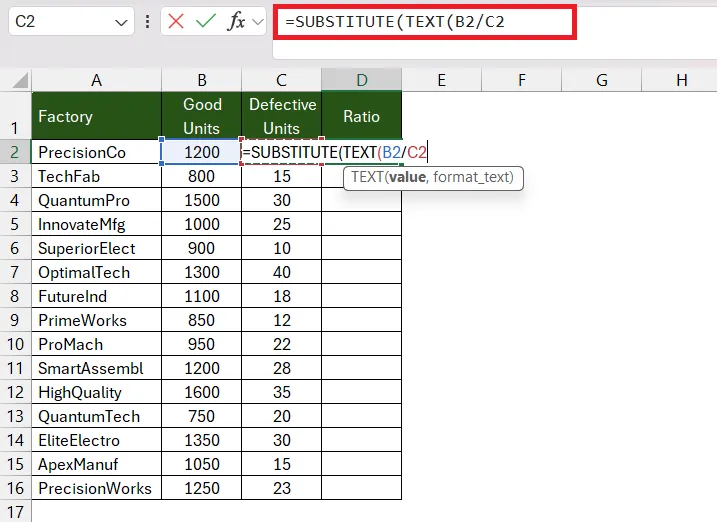 Nesting TEXT function with division inside SUBSTITUTE for ratio calculation in Excel